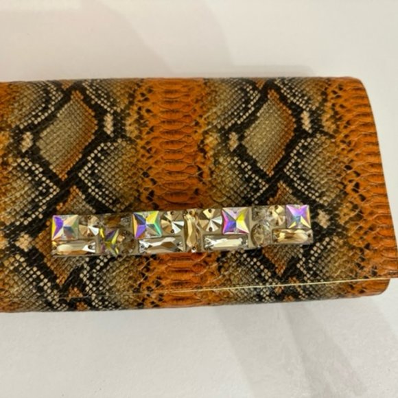 LORI BLUE VINYL CLUTCH BAG  RHINESTONED HANDLE SILK LINING - Picture 2 of 9